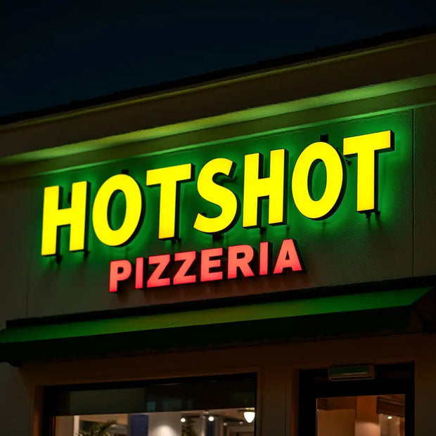 Hotshot Pizzeria illuminated storefront face halo-lit channel letters sign