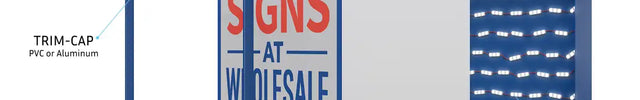 Exploded isometric view of lit-shape light box sign showing trim-cap, vinyl printed face, acrylic layer, LED modules, and aluminum or stainless steel back