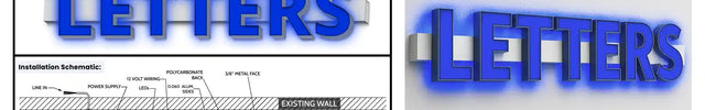 Face-lit channel letters illuminated business sign installation schematic
