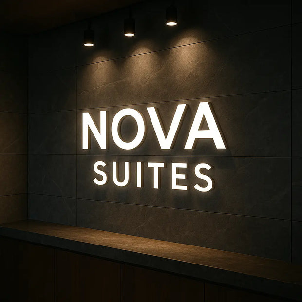 Nova Suites illuminated reception wall face-lit (trimless) channel letters sign