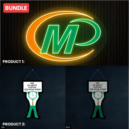 Custom LED neon sign bundle Minuteman logo and man-shaped clock sign