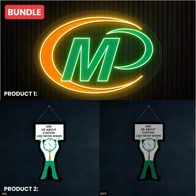 Custom LED neon sign bundle Minuteman logo and man-shaped clock sign