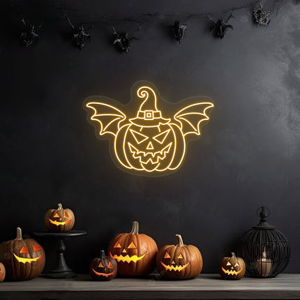 Scary Pumpkin With Hat And Wings Neon Sign | Indoor | Wall Mounting