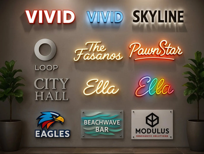 Collection of illuminated and 3D business signs showcasing various fonts, colors, and logo styles on a modern interior wall