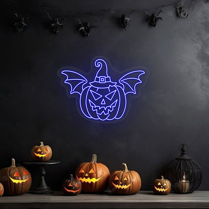 Scary Pumpkin With Hat And Wings Neon Sign | Indoor | Wall Mounting